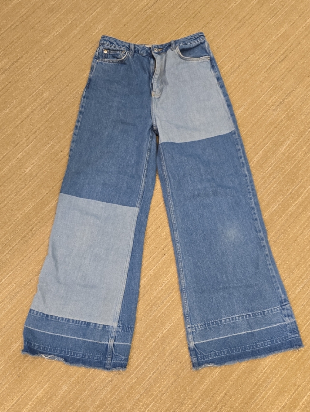 Free People Two-Tone Blue Patchwork Wide-Leg Jeans, Size 29